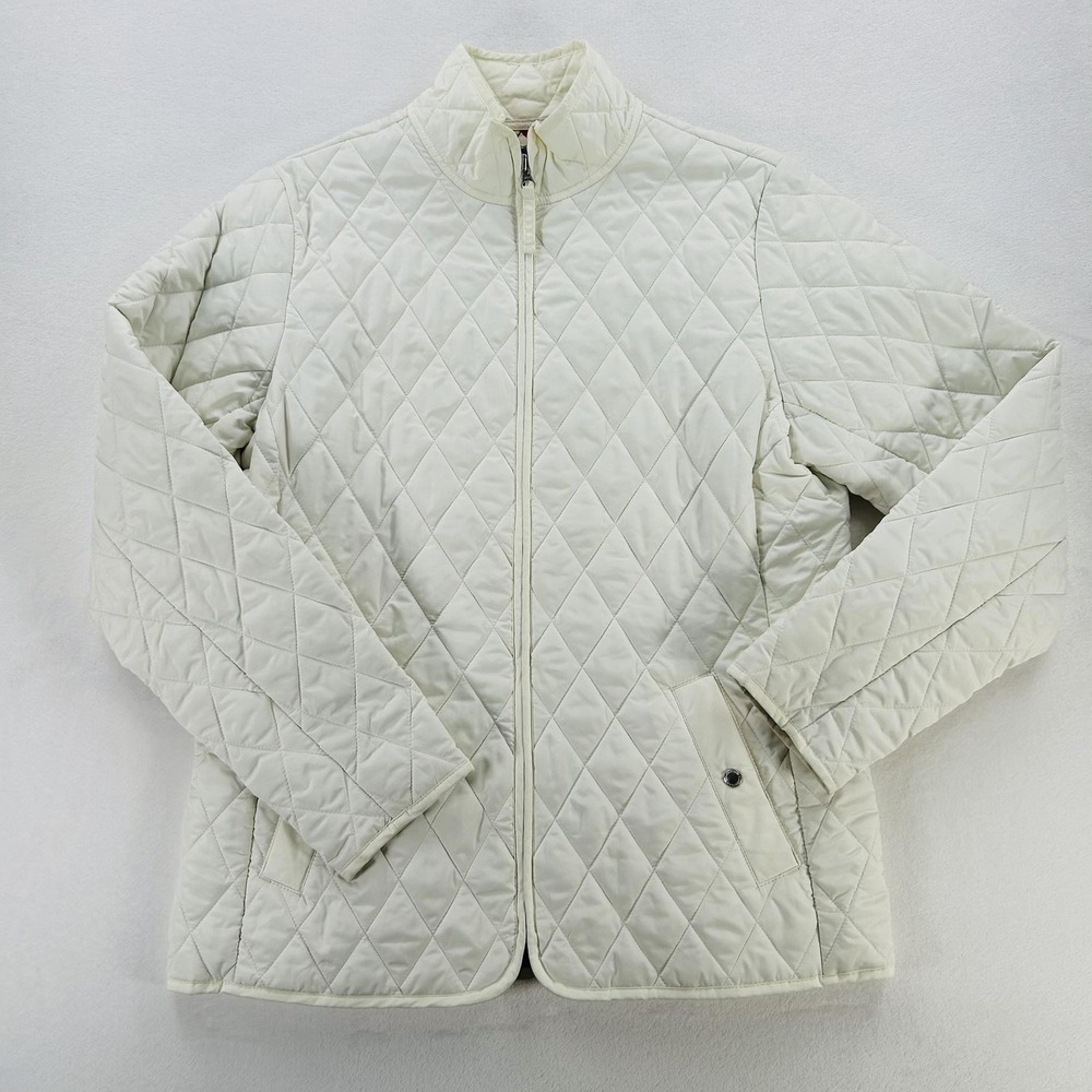 Lands' End Jacket Womens Medium White Quilted Zip Pockets Argyle Lining Casual